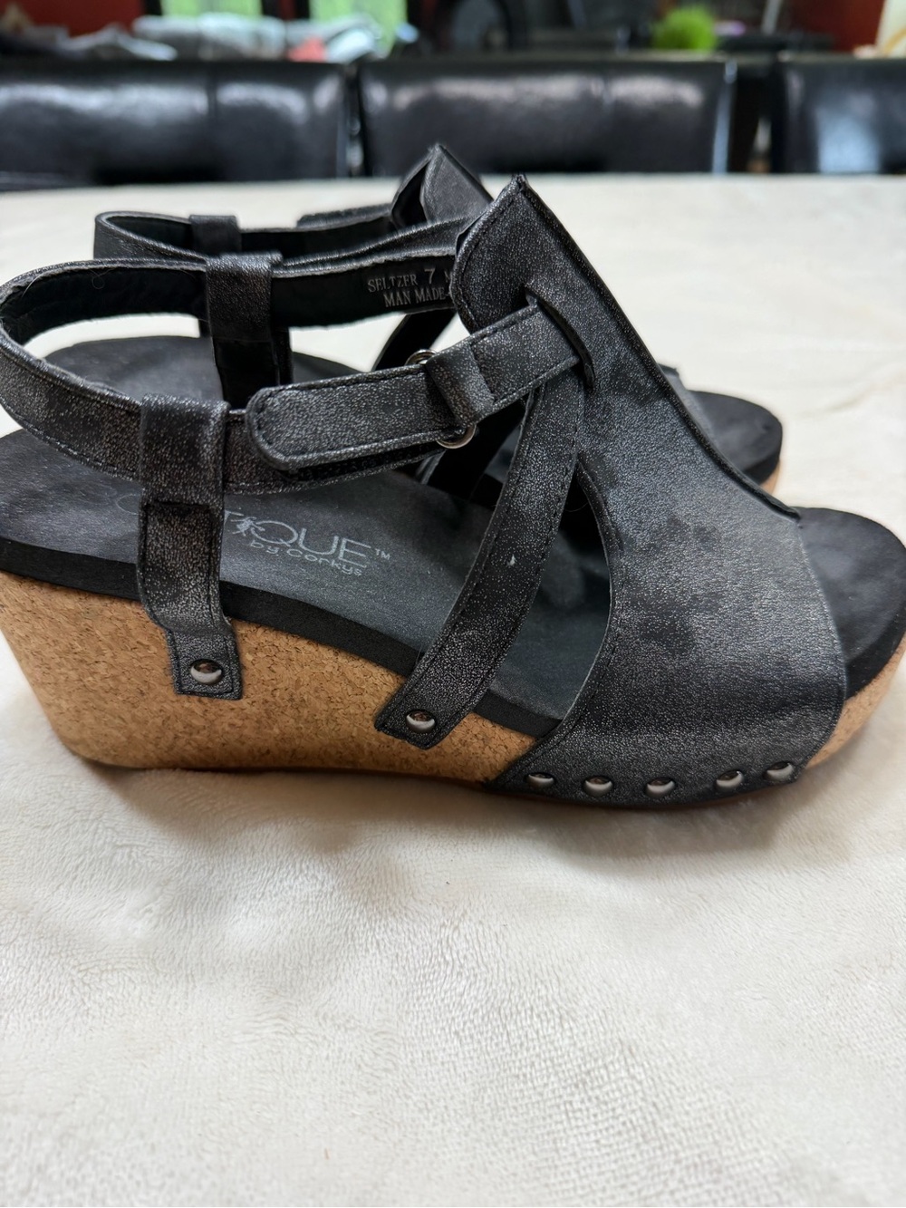 Que Metallic Black Cork Wedge Sandals with Stud Detail